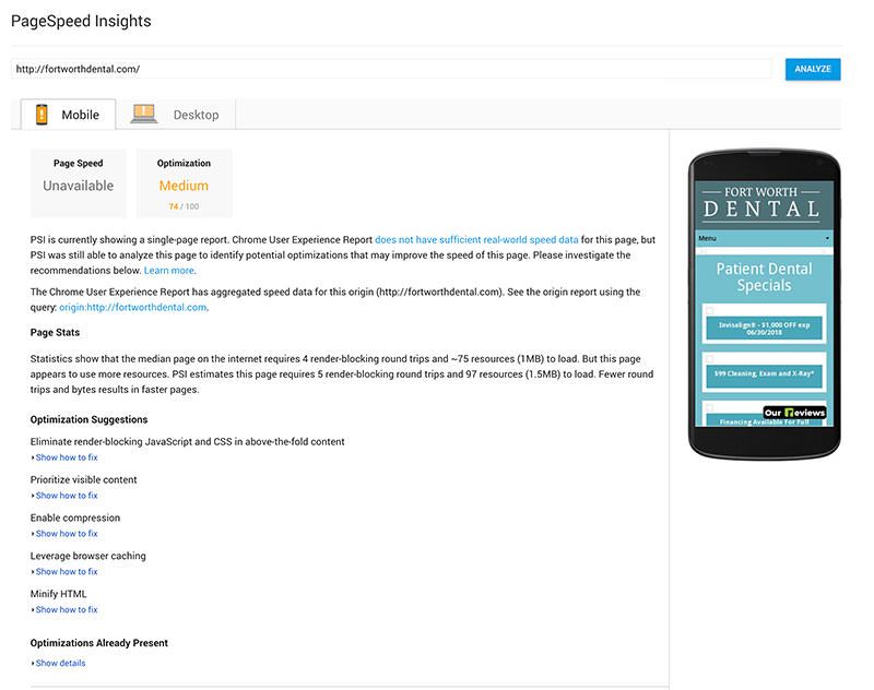 Fort Worth Dental Page Insight Speed Test